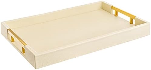 Modern Elegant 18x12 Inch Cream Shagreen Faux Leather Serving Tray with Gold Handles