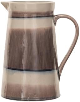 Creative Co-Op Round Stoneware Pitcher with Stripes and Crackle Glaze Brown Cream