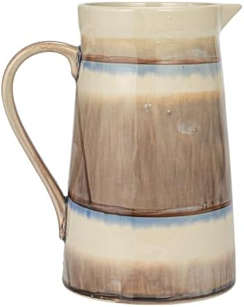 Creative Co-Op Round Stoneware Pitcher with Stripes and Crackle Glaze Brown Cream