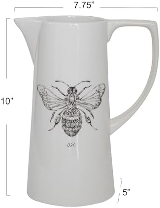 Creative Co Op White Ceramic Pitcher with Bee Design
