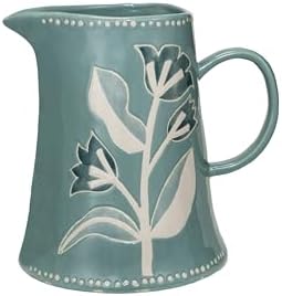 Creative Co-Op Hand-Painted Stoneware Pitcher Blue