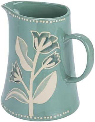 Creative Co-Op Hand-Painted Stoneware Pitcher Blue