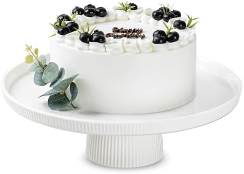 13 Inch Ceramic Cake Stand Elegant White and Striped Design