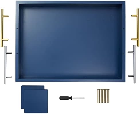 Juvale Blue Serving Tray with Gold Silver Handles