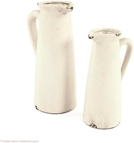 Antique White Ceramic Pitcher with Handle and Pour Spout