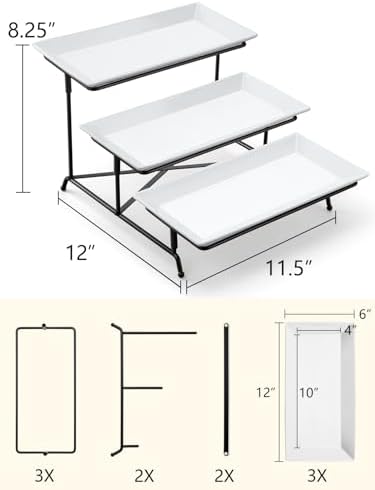 Yedio 3 Tier Serving Trays Set White Porcelain with Collapsible Metal Stand