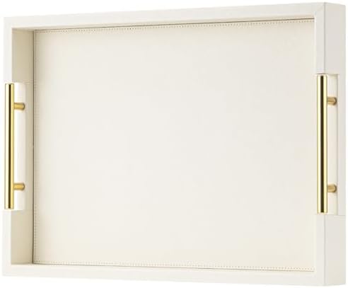 Beige Faux Leather Serving Tray with Handles