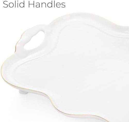 16 Inch Ceramic Serving Tray with Handles and Gold Rim