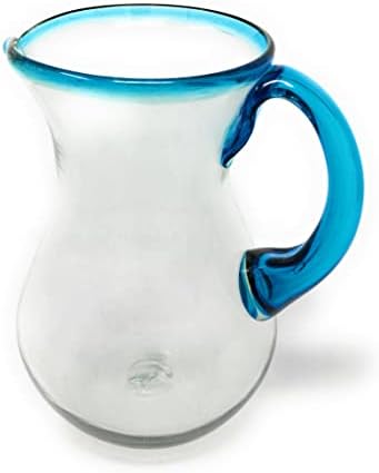Mexican Hand Blown Glass Pitcher With Aqua Rim 84 Oz
