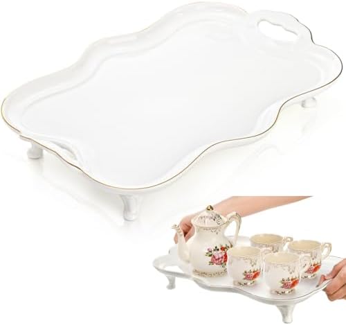 16 Inch Ceramic Serving Tray with Handles and Gold Rim