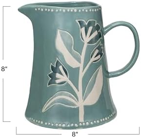 Creative Co-Op Hand-Painted Stoneware Pitcher Blue