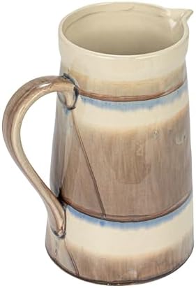 Creative Co-Op Round Stoneware Pitcher with Stripes and Crackle Glaze Brown Cream