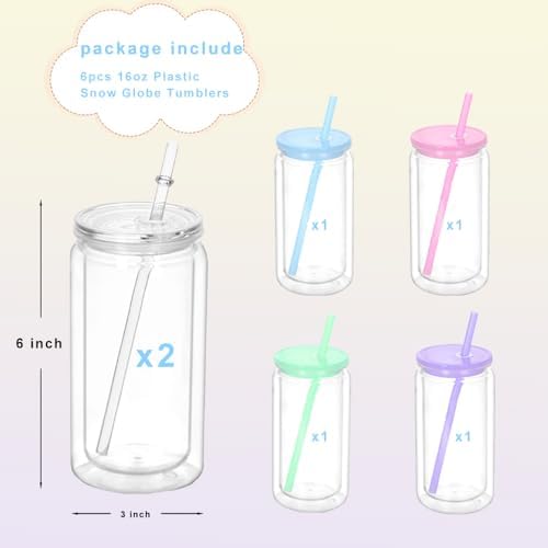 6 Pack 16 Oz Snow Globe Tumblers with Lids and Supplies