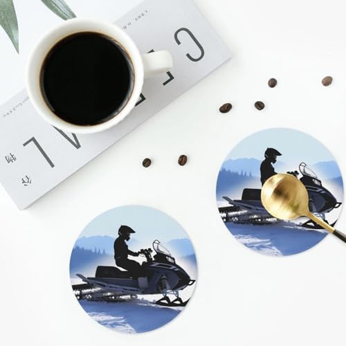 6Pcs Snowmobile Print Leather Coasters with Holder