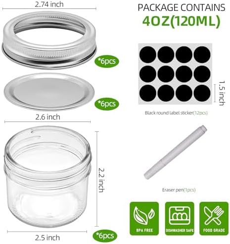 6Pcs 4oz Food Grade Mason Jars with Airtight Lids
