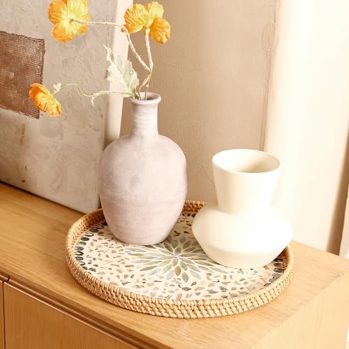 Round Rattan Tray with Mother of Pearl Inlay and Wooden Base