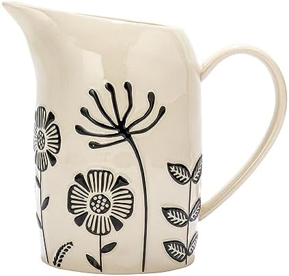 875 Inches 62 Ounce Hand Painted Stoneware Pitcher with Embossed Flowers Cream Black