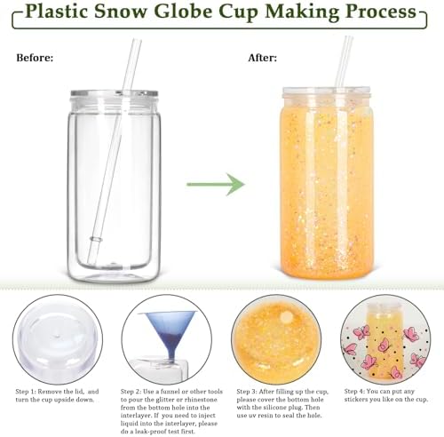 16 Oz Clear Plastic Snow Globe Tumbler with Lid and Straw 10 Pack