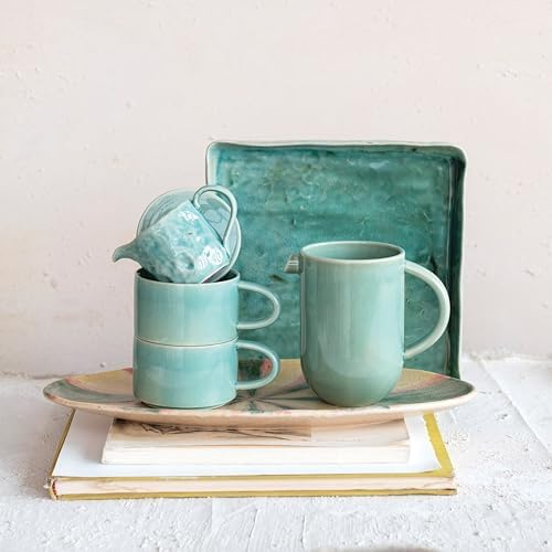 Creative Co-Op Aqua Stoneware Pitcher with Stackable Mugs and Lid