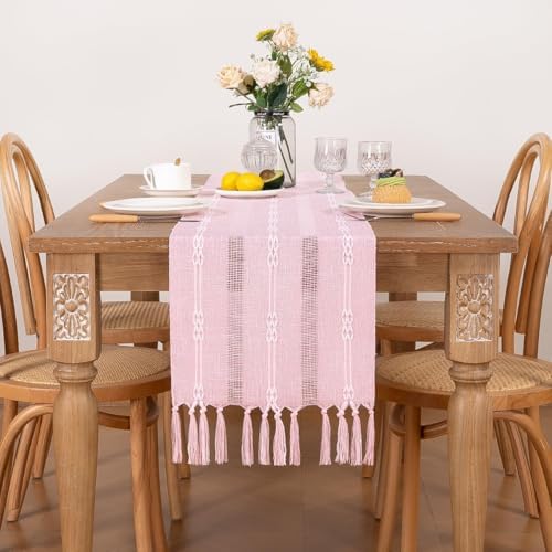 Rustic Macrame Woven Coffee Table Runner Pink
