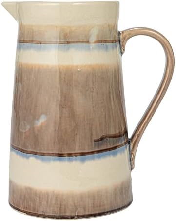 Creative Co-Op Round Stoneware Pitcher with Stripes and Crackle Glaze Brown Cream