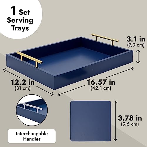 Juvale Blue Serving Tray with Gold Silver Handles