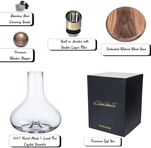 Premium Hand Blown Crystal Wine Decanter with Aerator and Walnut Base