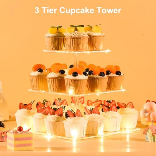 3 Tier Cupcake Stand with LED Yellow Light for 24 Cupcakes