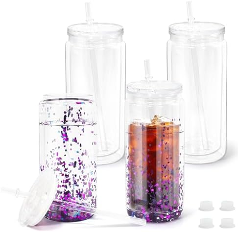 4 Pack Acrylic Snow Globe Tumblers with Clear Lid and Straw