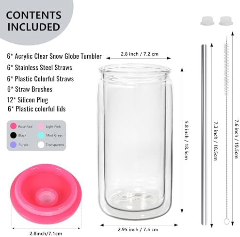 16 oz Acrylic Snow Globe Tumbler with Pre Drilled Hole 6 Pack