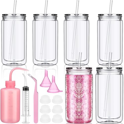 6 Pack Plastic Snow Globe Tumblers with Lid and Straw DIY Kit