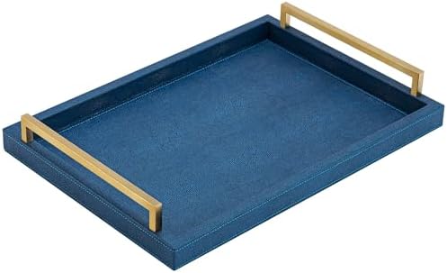 Navy Blue Shagreen Leather Serving Tray with Handles 1