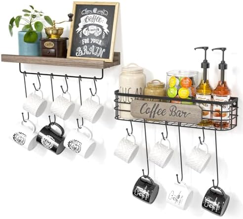 Filano Coffee Mug Holder 2 Pack with 12 Hooks and Basket