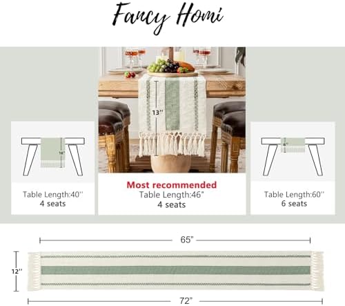 Fancy Homi Sage Green Boho Table Runner 72 Inches Long