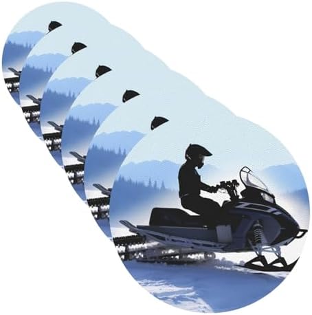6Pcs Snowmobile Print Leather Coasters with Holder