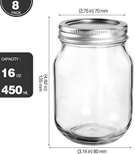 KAMOTA 16 OZ Mason Jars with Silver Lids 8-Pack