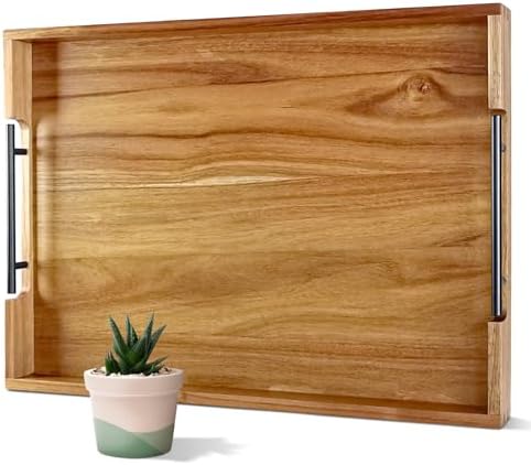 22 Inches Acacia Wood Serving Tray with Metal Handles