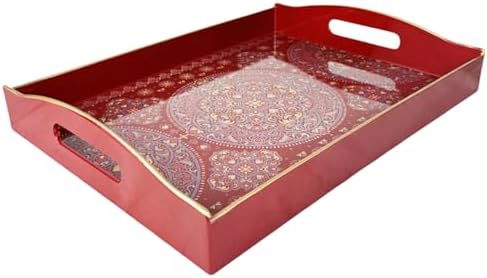 Boho Red Serving Tray with Handles 15x11x25 Inches
