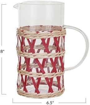 Creative Co Op Glass Pitcher with Woven Sleeve Red and Natural 1