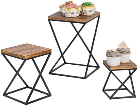 MyGift Rustic Burnt Wood Pizza Riser Stand Set