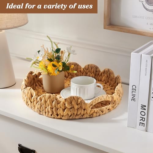 Scalloped Serving Tray with Handles Wicker Rattan Decorative Round Basket