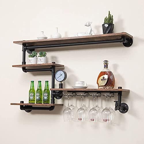 Industrial Pipe Shelves Wine Rack Wall Mounted with 4 Stem Glass Holder