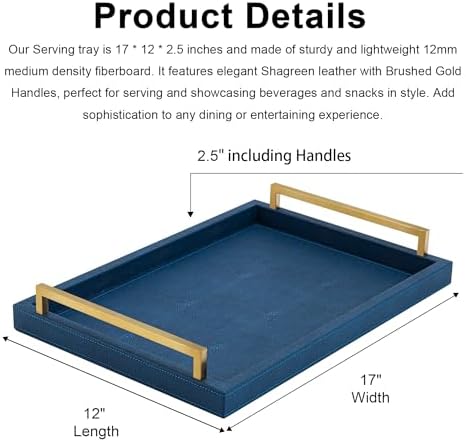 Navy Blue Shagreen Leather Serving Tray with Handles 1