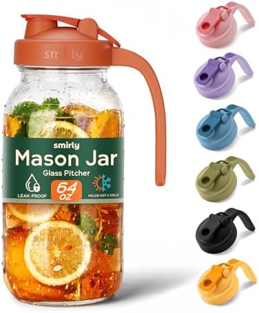 SMIRLY 64 oz Mason Jar Pitcher with Double Leak Proof Lid