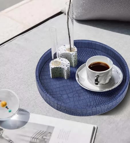 HofferRuffer Faux Leather Serving Tray 12 Round Blue