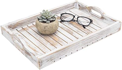 MyGift Shabby Chic Whitewashed Wood Serving Tray 16x11in