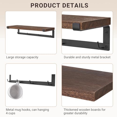 Dahey Dual Mug Holder Wall Mount with Hooks Brown