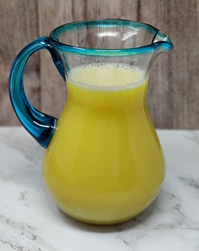 Mexican Hand Blown Glass Pitcher With Aqua Rim 84 Oz