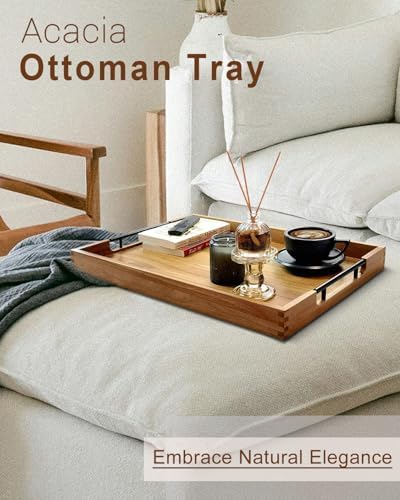 22 Inches Acacia Wood Serving Tray with Metal Handles