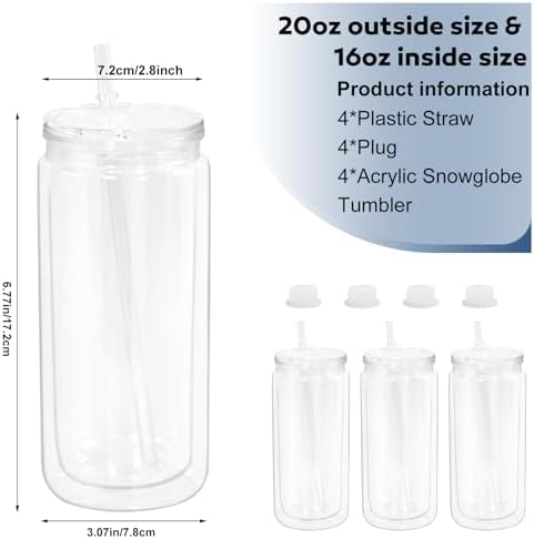 4 Pack Acrylic Snow Globe Tumblers with Clear Lid and Straw